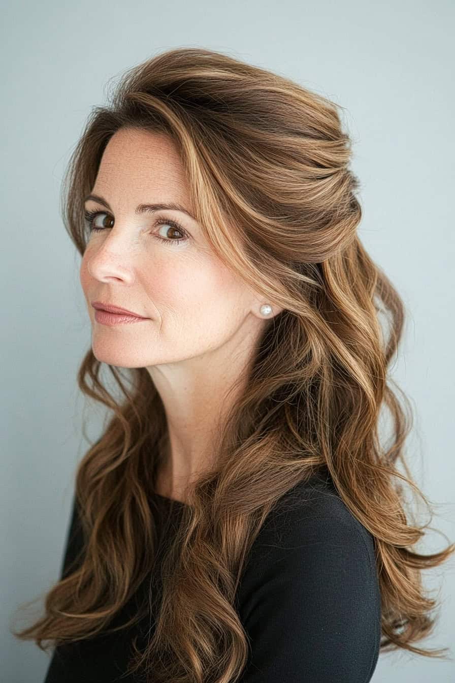 Elegant woman with wavy brown hair, serene expression, and classic black top against gray background.