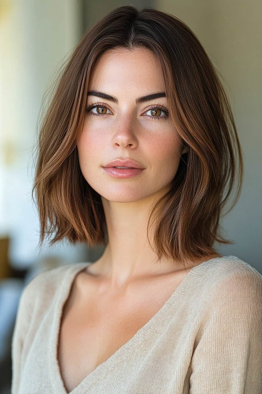 Woman with warm brown wavy hair styled in a chic brunette long bob for a sophisticated look.