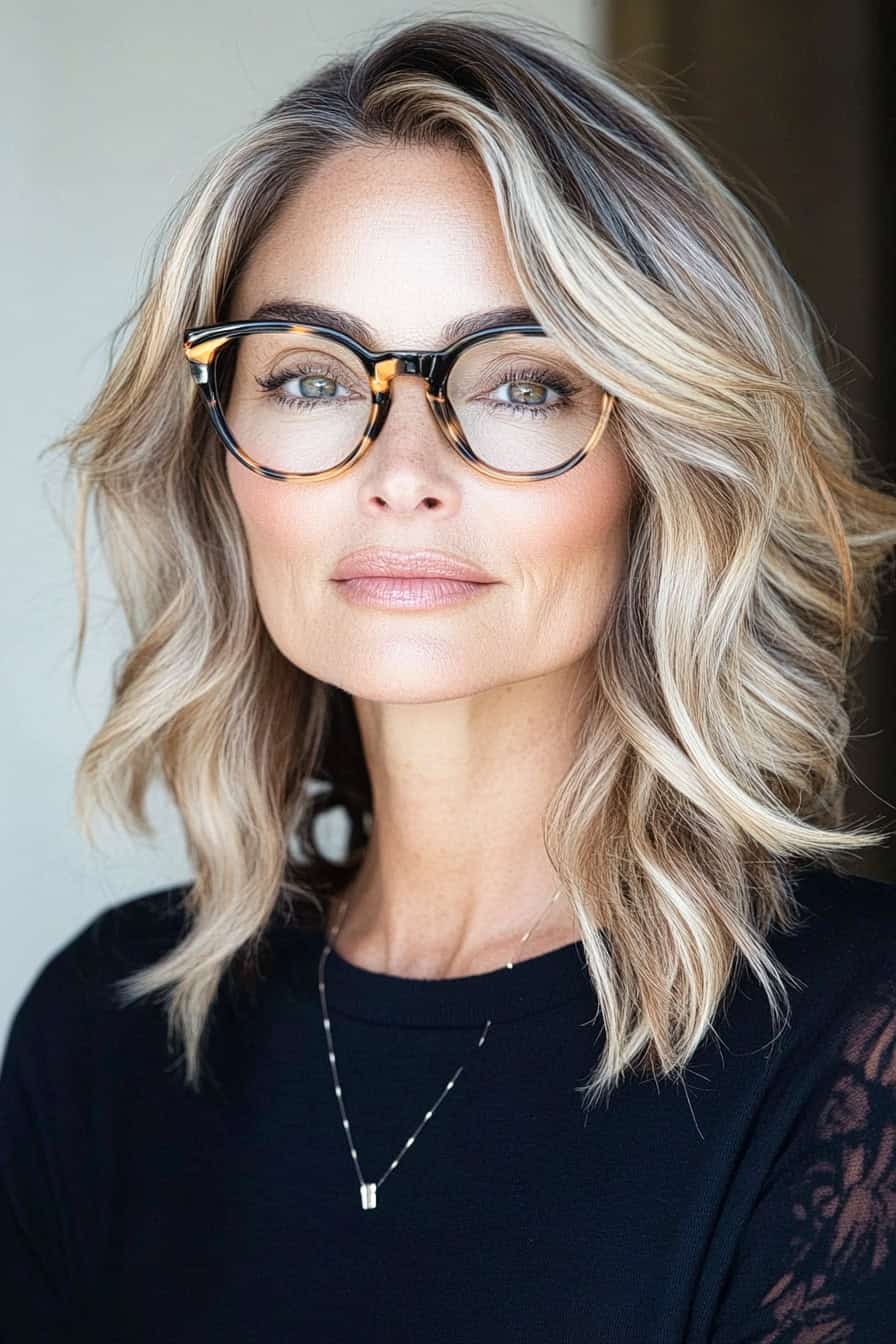 Woman with wavy blonde hair styled with warm balayage for a sun-kissed effect, enhancing her glasses and overall look.