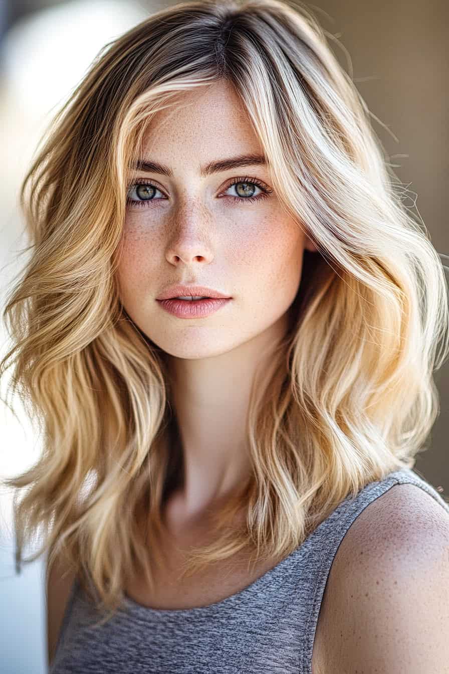 Woman with wavy blonde hair featuring angular layers that add structure and versatility to the hairstyle.