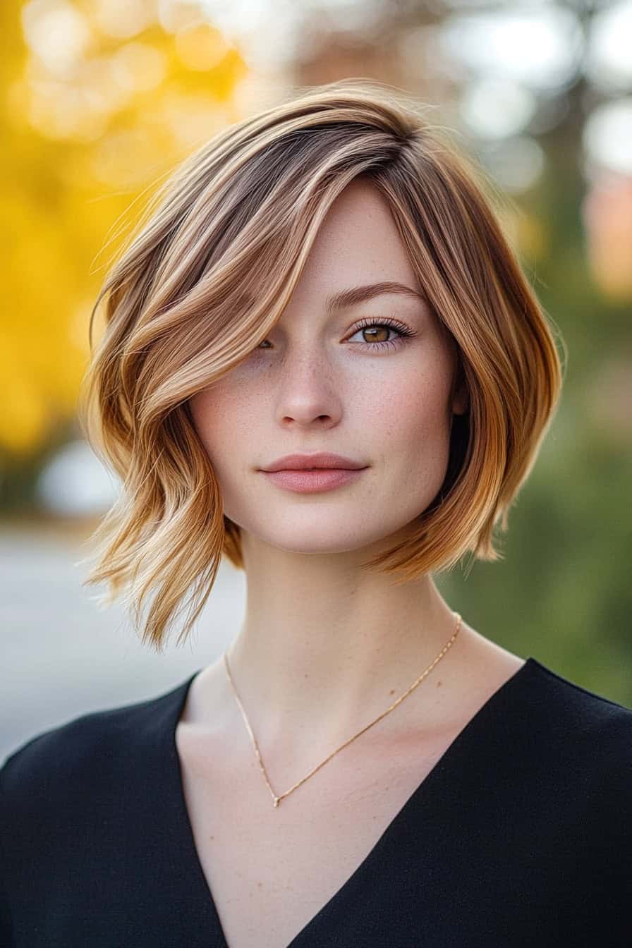 Woman with wavy brunette bob hairstyle featuring a bold side part for a chic and modern look.