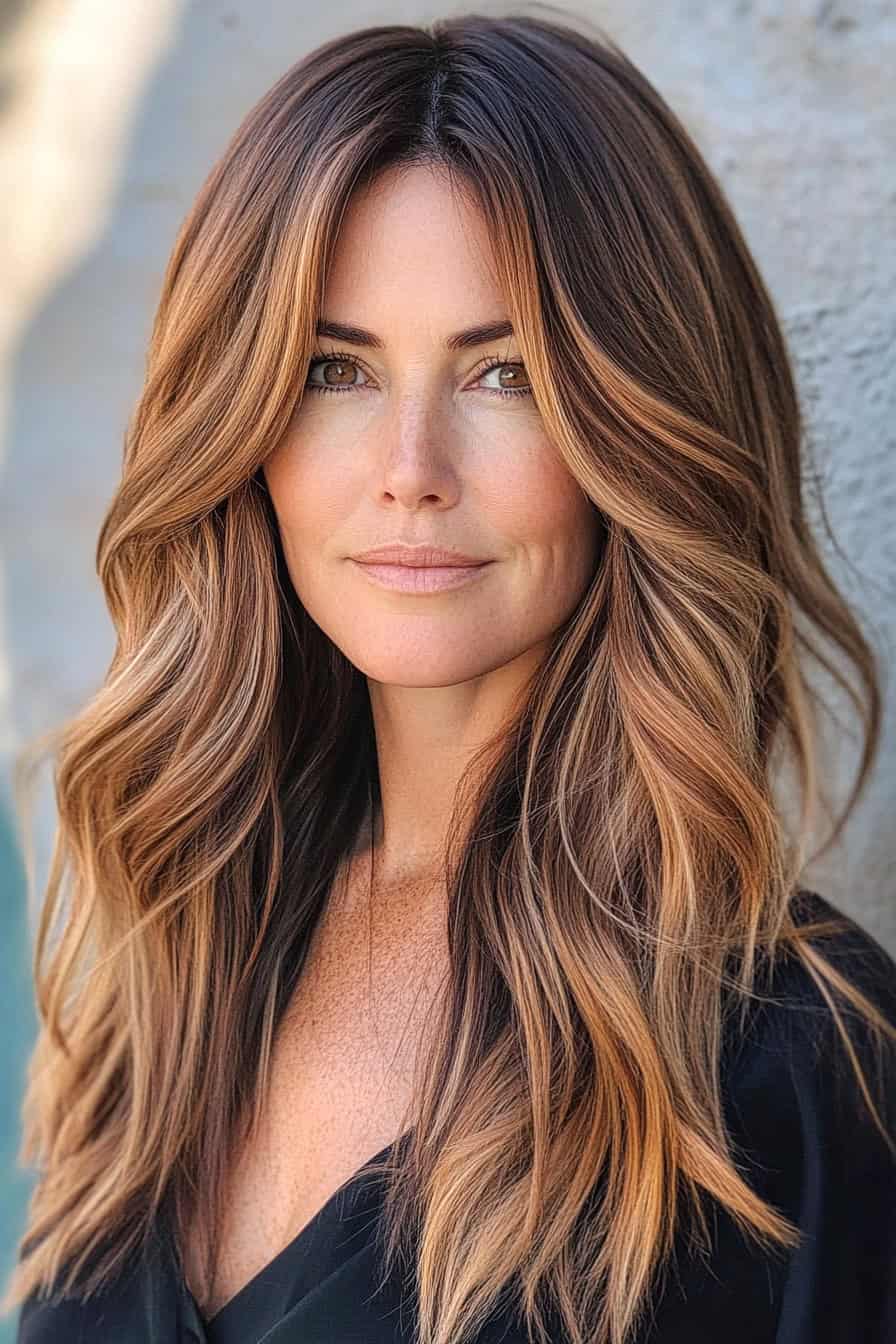 Woman with wavy brown and caramel hair styled in dynamic long layers with ombre effects, adding depth and dimension.