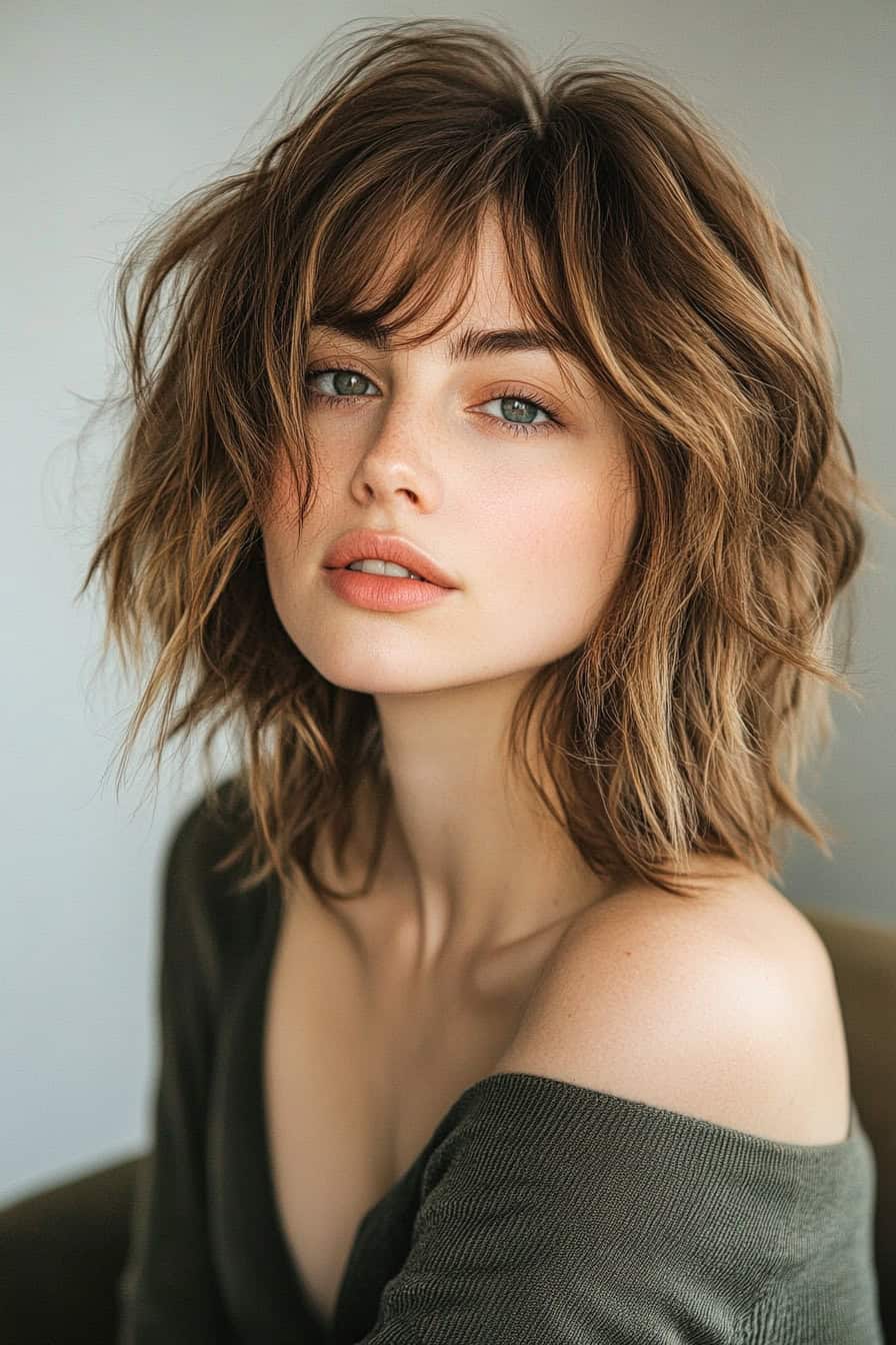 Woman with wavy brown hair styled in shaggy layers for a trendy and playful look.