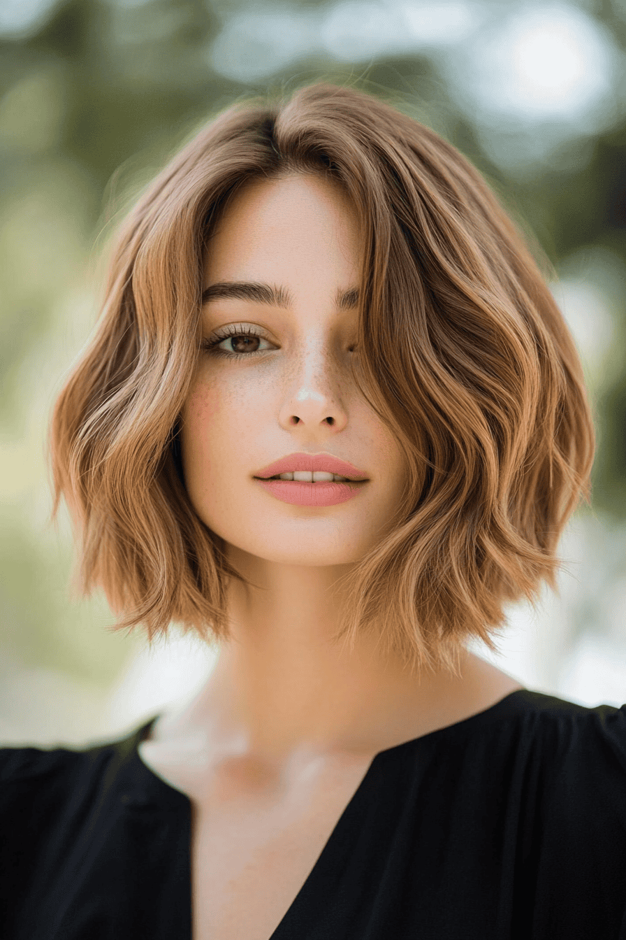 Young woman with a tousled bob, glowing skin, and expressive eyes in natural light.