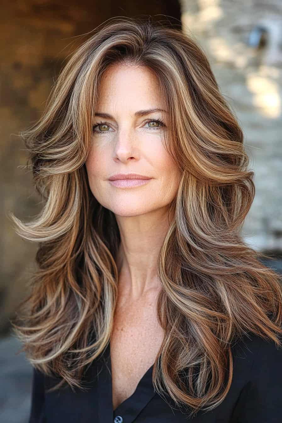 Woman with wavy caramel hair styled in elegant long layers with face-framing highlights, enhancing volume and elegance.