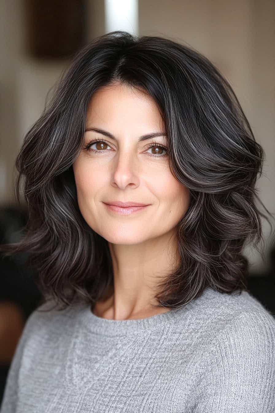 Woman with wavy dark brown hair styled in a stylish medium cut with a side part, adding a modern touch.