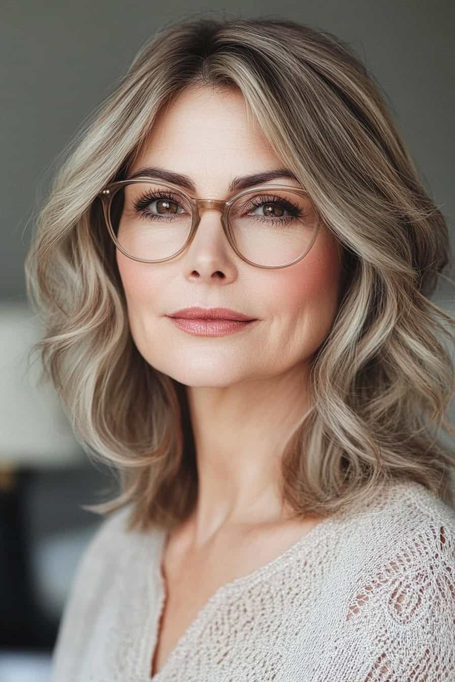 Woman with wavy hair styled in soft waves that balance her bold glasses frames, creating an elegant and harmonious look.