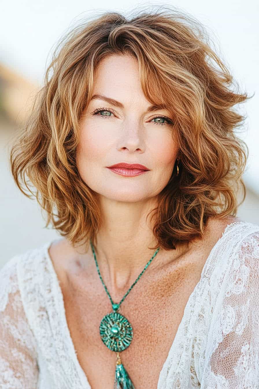 Woman with wavy shoulder-length hair styled in a tousled beachy waves bob, adding volume and a relaxed vibe to her fine hair.