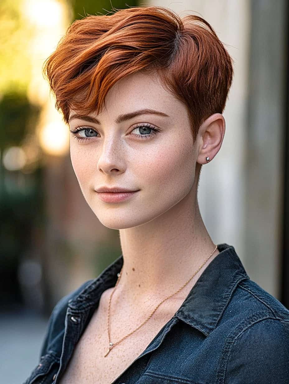 Young person with copper red waves styled in a bold pixie cut with an undercut, perfect for oval faces.