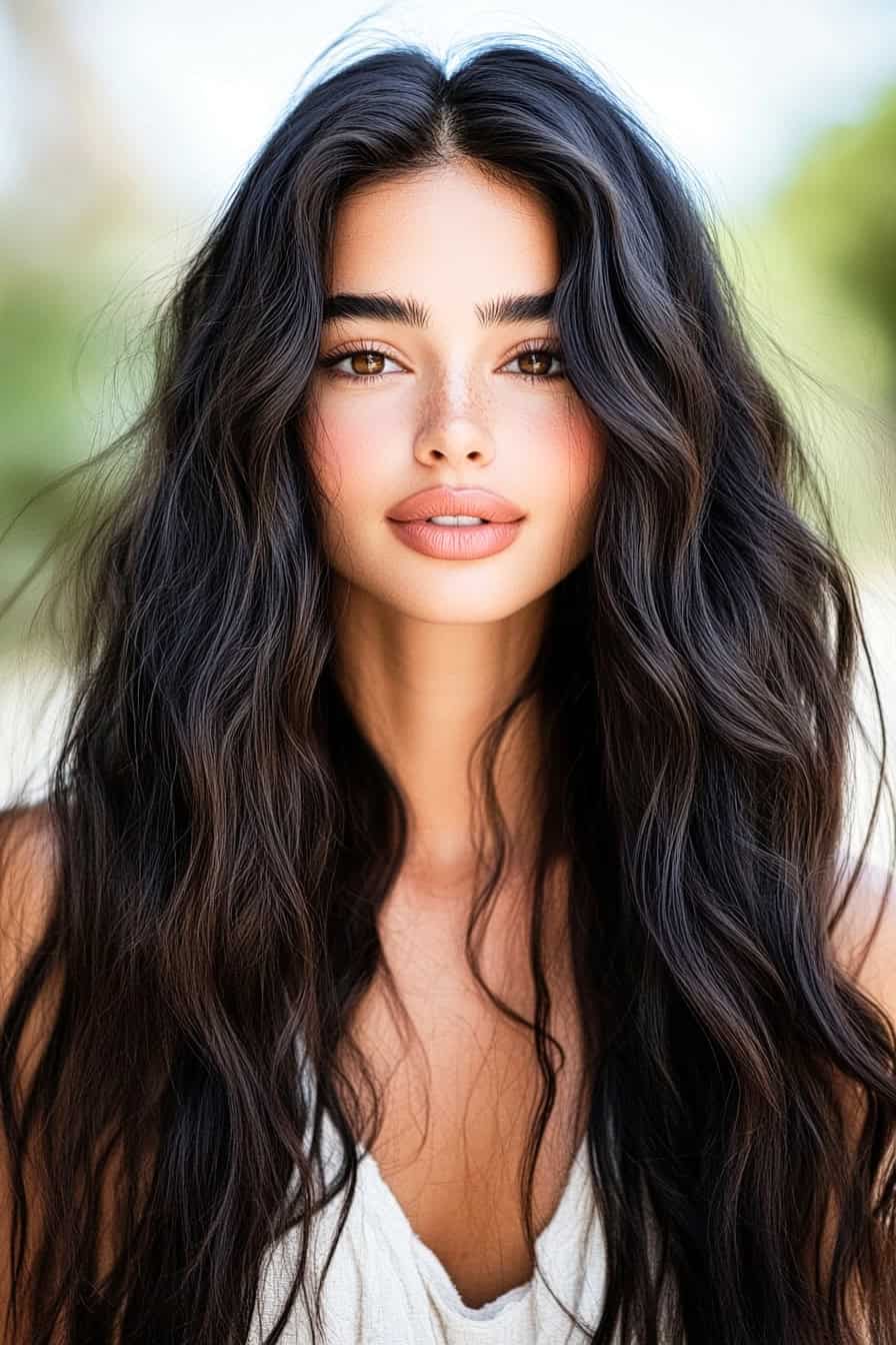 Young woman with long dark hair styled in loose beach waves, showcasing an effortless and chic look.