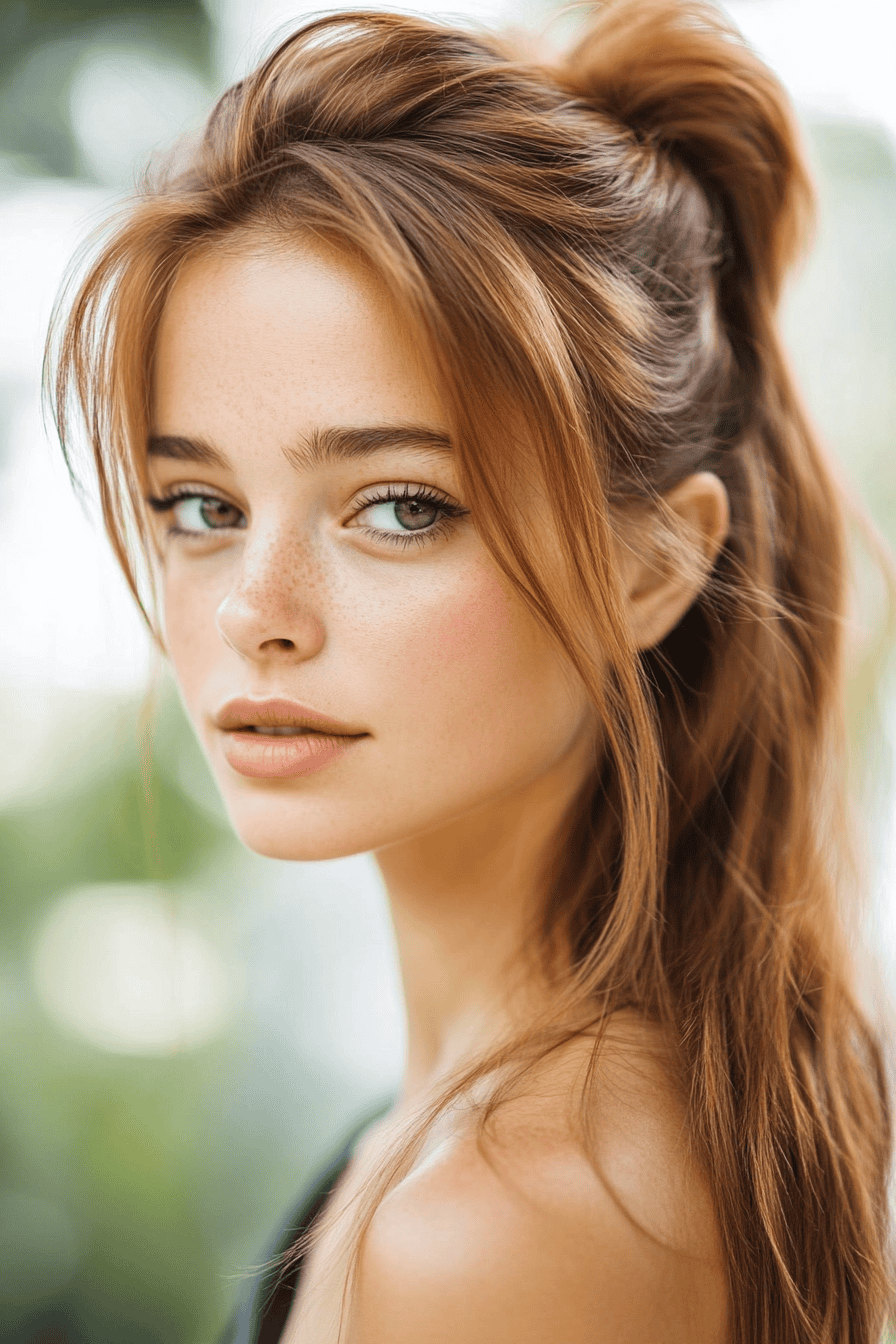 Young woman with reddish-brown hair and green eyes in a serene outdoor setting.