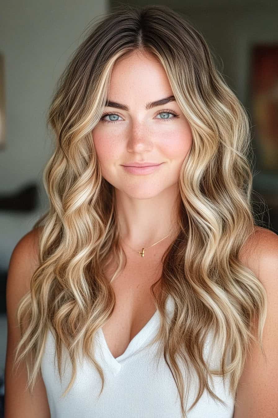 Young woman with beachy blonde curls styled in chunky beach waves, adding significant volume and texture.