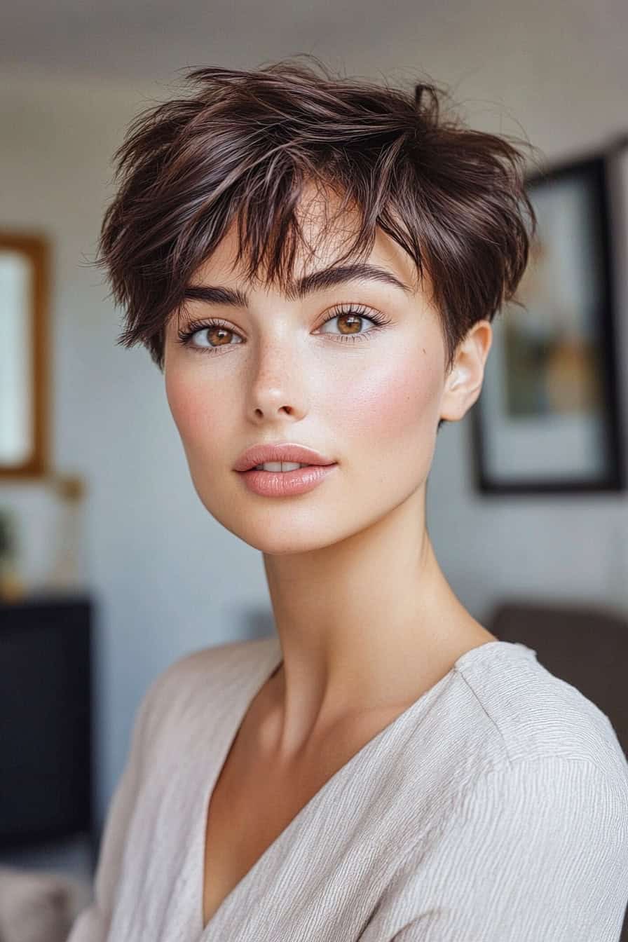 Young woman with chestnut short hair styled in a messy brunette pixie cut, offering an effortless and voluminous look.