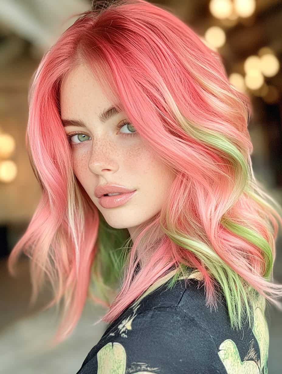 Young woman with fresh watermelon hair color, featuring vibrant pink and green tones perfect for summer.