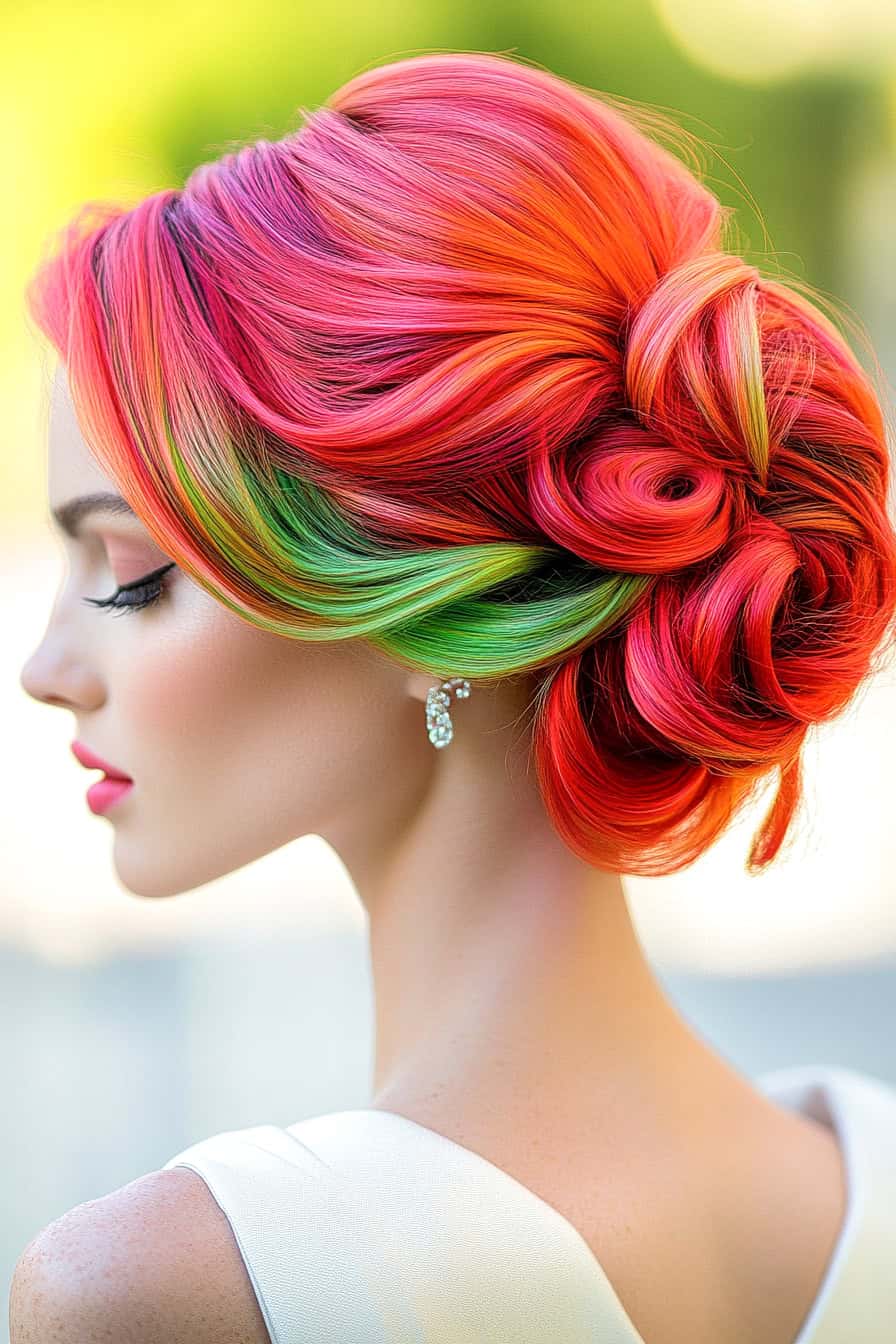 Young woman with seasonal watermelon updos, featuring vibrant pink and green twisted braids.