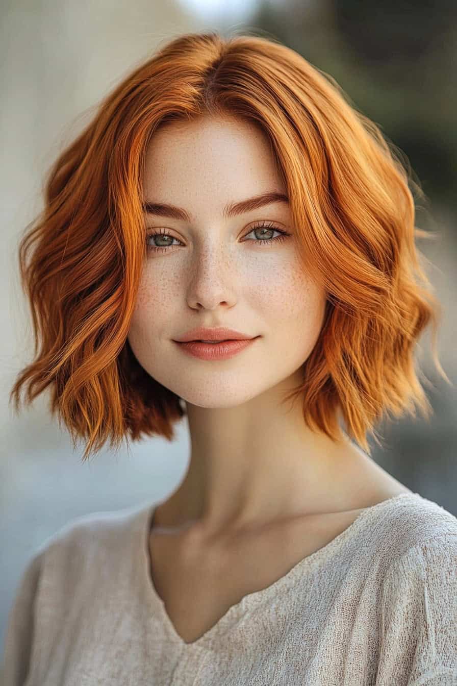 Young woman with curls and freckles styled in a textured short brunette bob, enhancing an oval face.