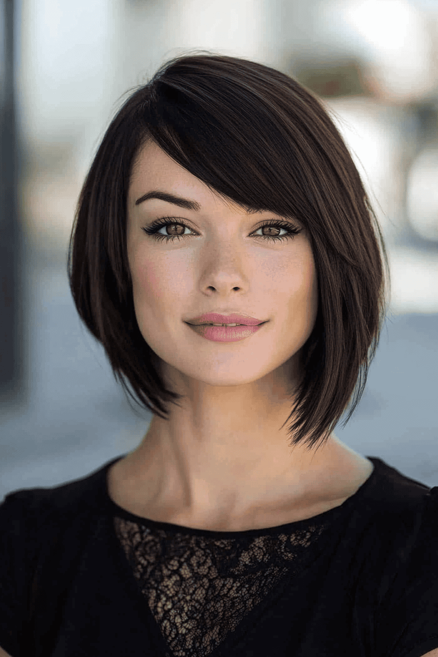 Confident young woman with chic bob hairstyle and elegant black top in urban outdoor setting.