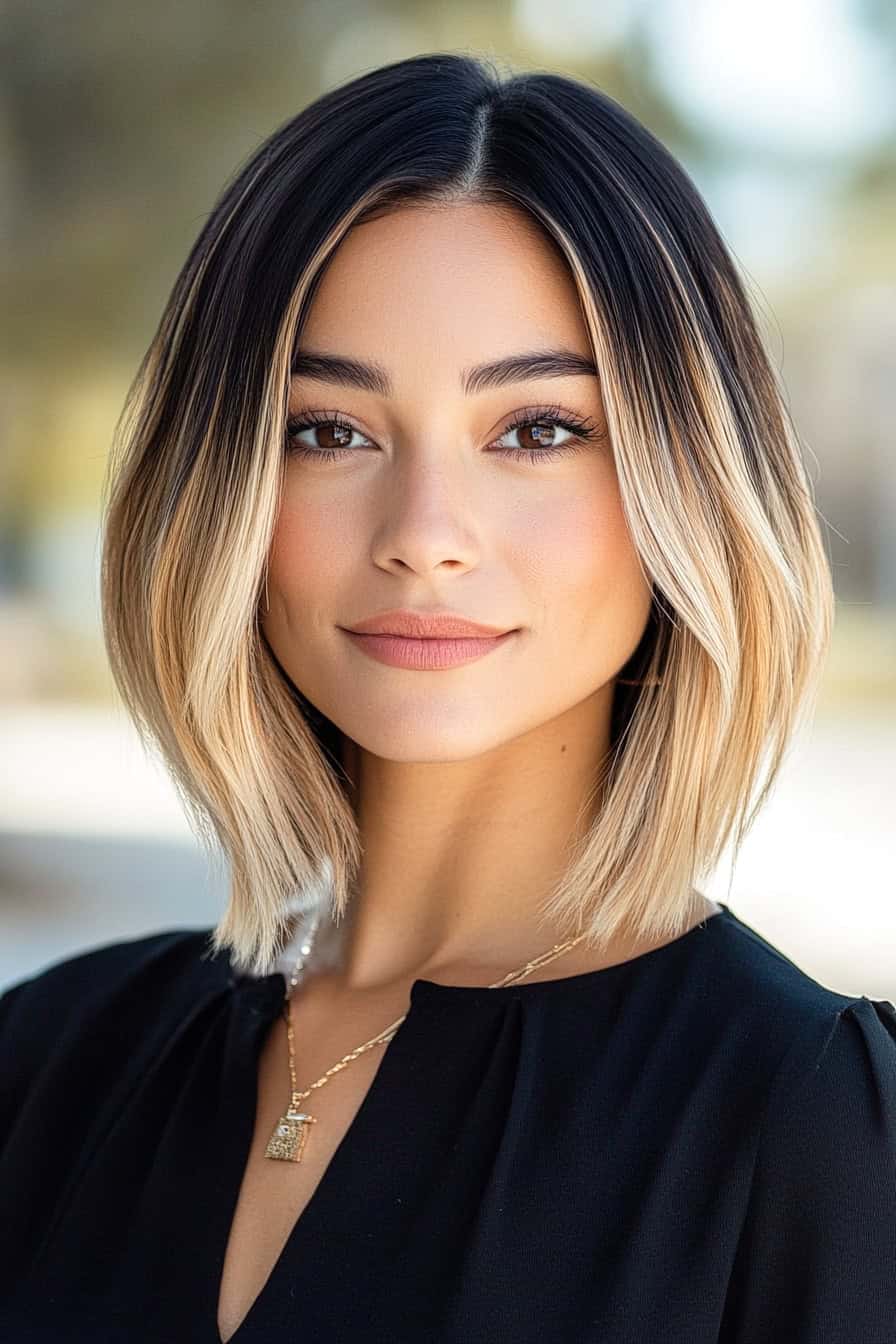 Woman with bold ombre brunette bob, transitioning from dark roots to blonde ends for a striking contrast.