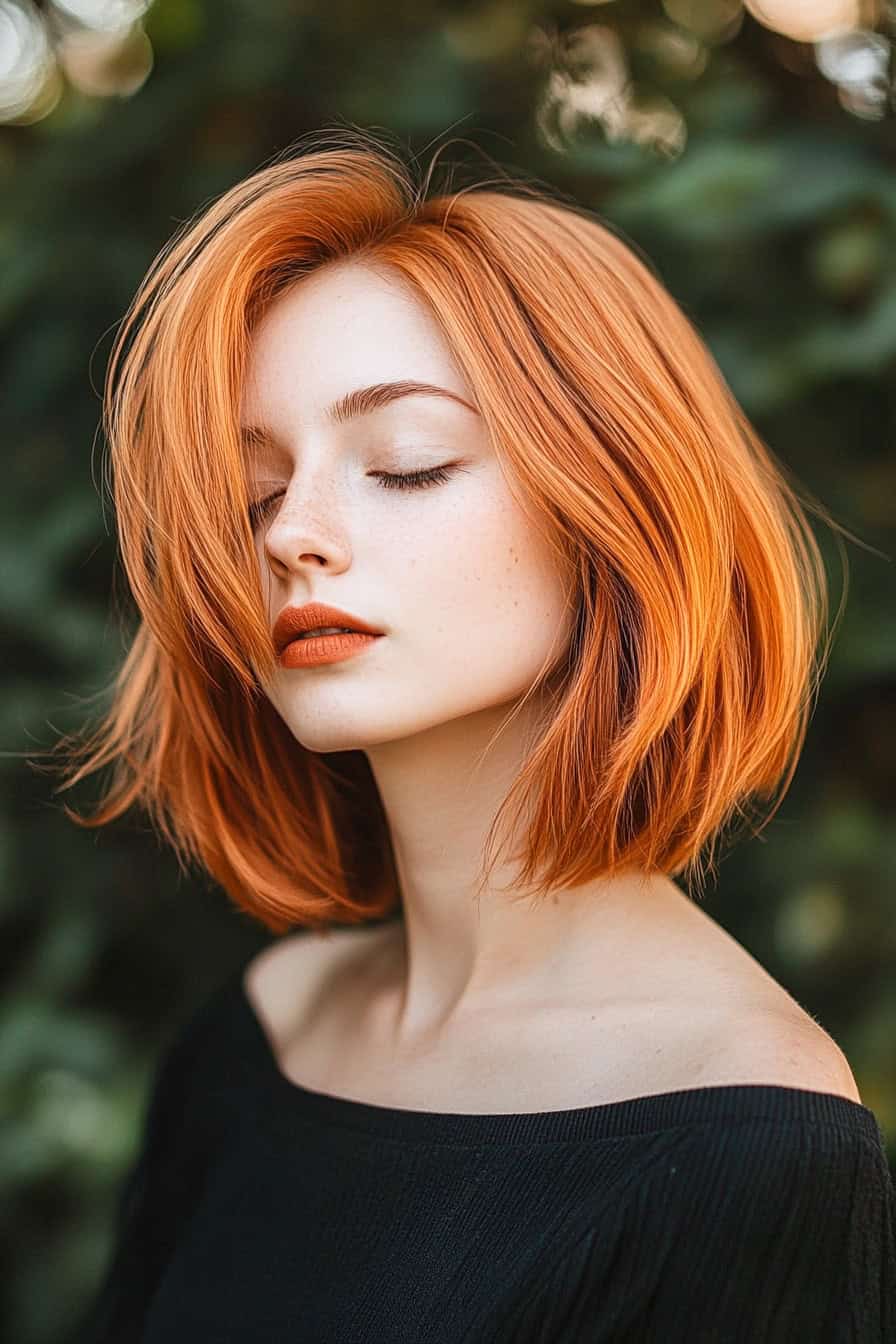 Young woman with vibrant orange hair and freckled skin, radiating serene beauty in nature.