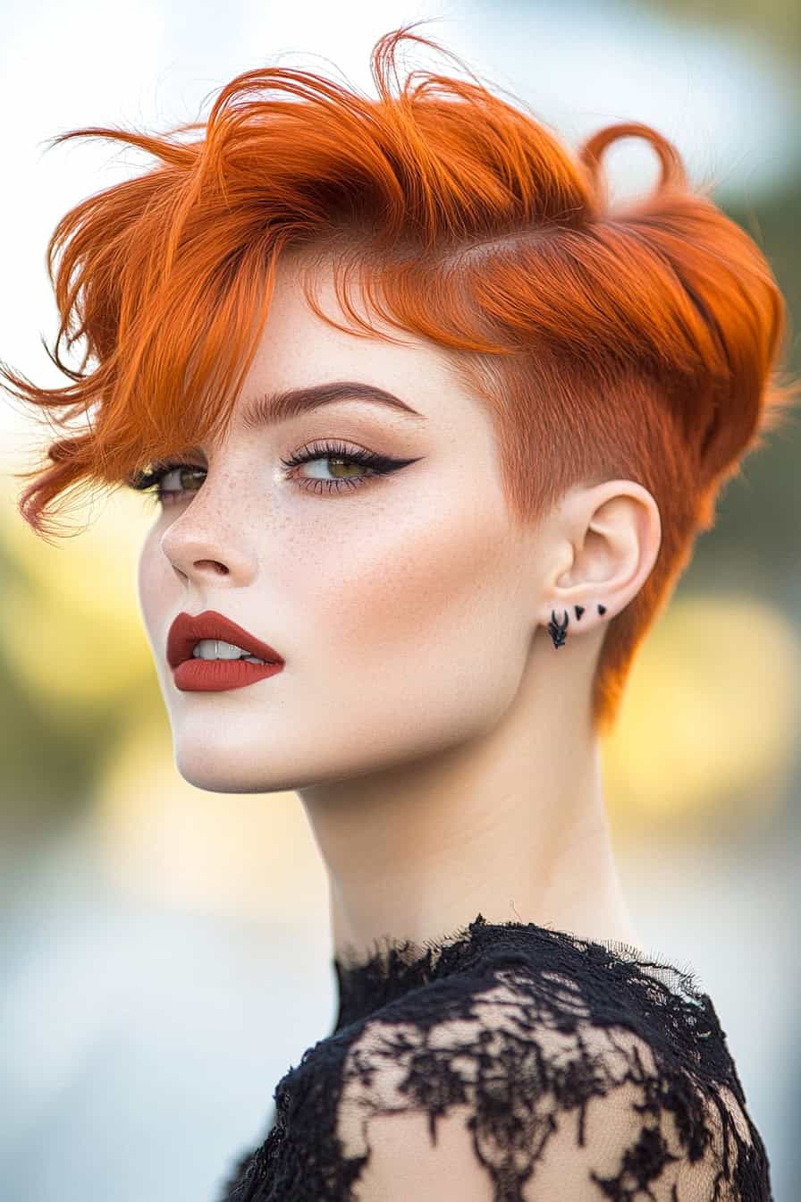 Young woman with orange curls styled in an edgy undercut pixie cut, showcasing boldness and texture.