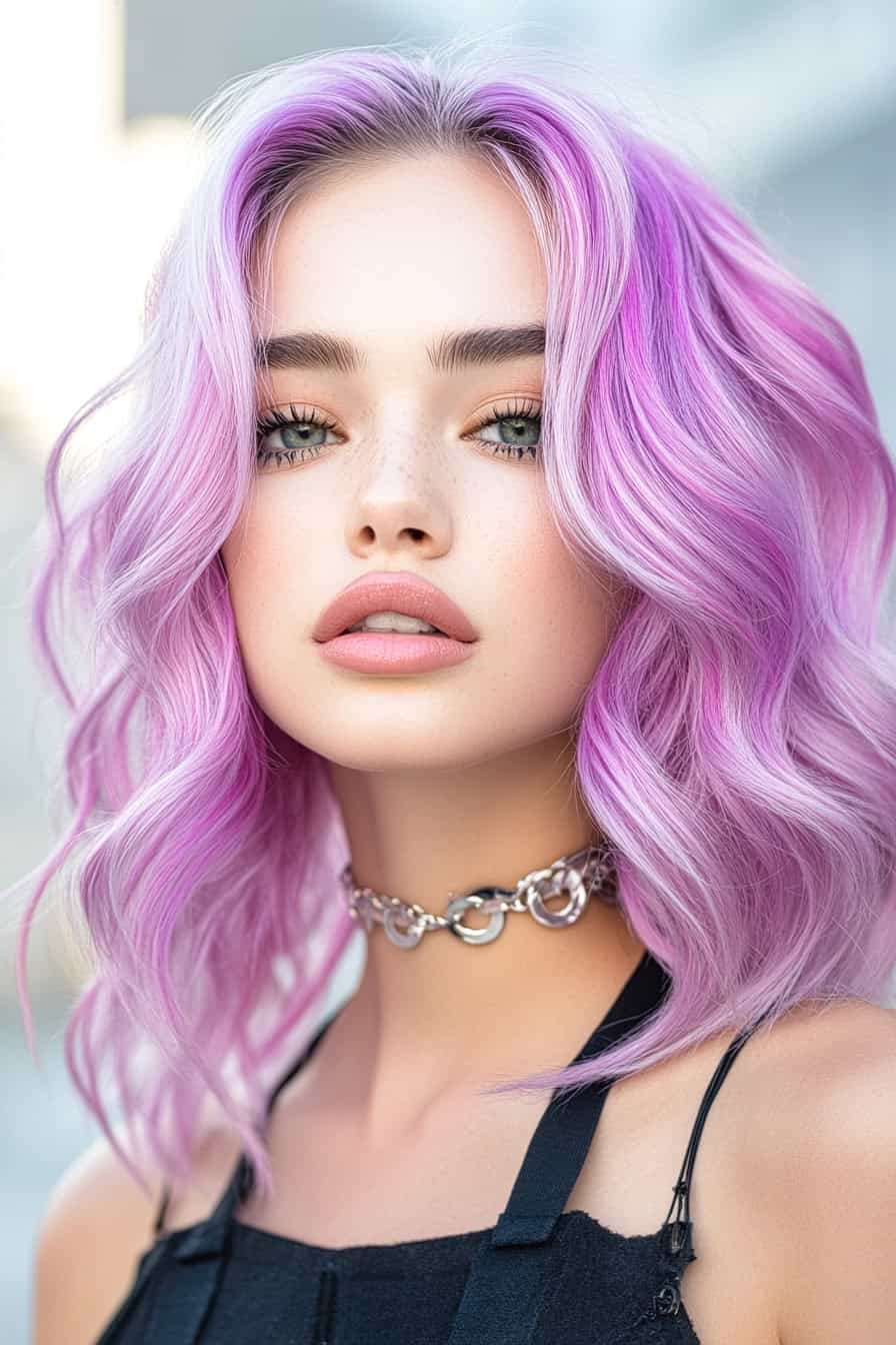 Young woman with pastel purple waves styled in Brazilian beach wave styles, showcasing voluminous and vibrant waves.