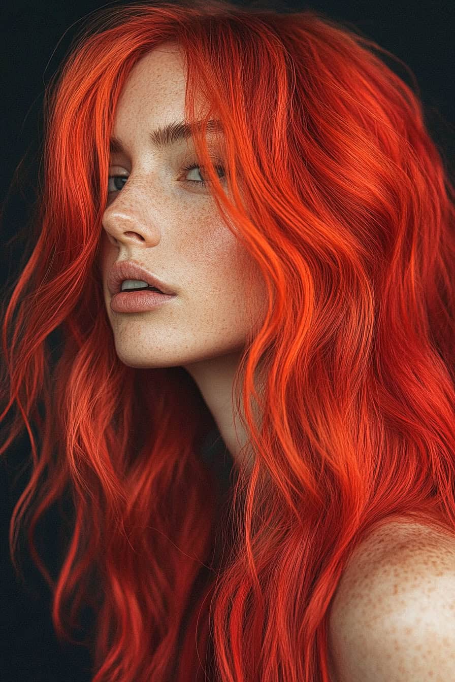 Woman with bright watermelon red wavy hair, showcasing a vibrant and modern style.