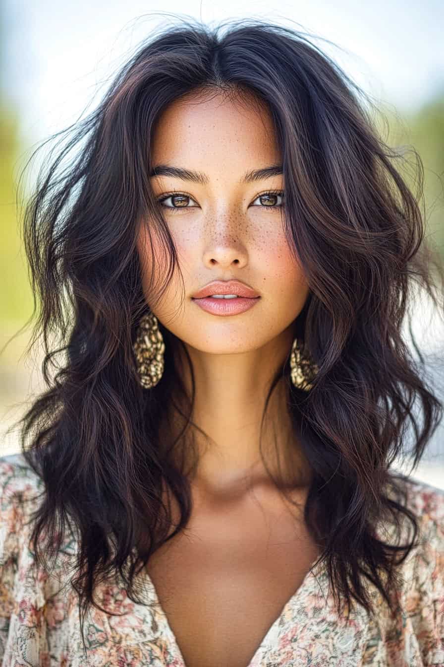 Woman with shiny dark hair styled in global beach wave trends, reflecting diverse cultural influences.