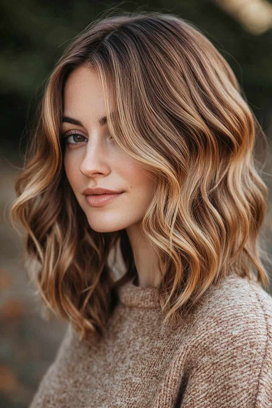 Young woman with sunkissed blonde curls styled in a voluminous brunette lob, adding waves and depth.