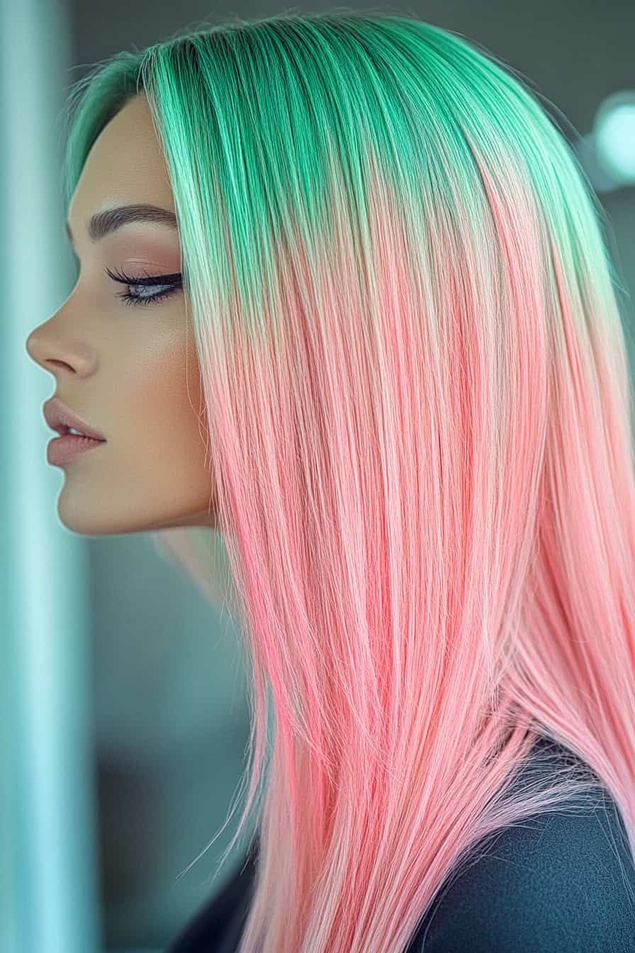 Woman with glossy watermelon straight hair, featuring a seamless blend of green and pink tones.