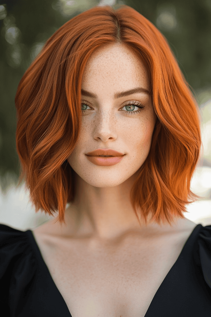 Vibrant auburn-haired woman in black top with soft waves and striking green eyes outdoors.