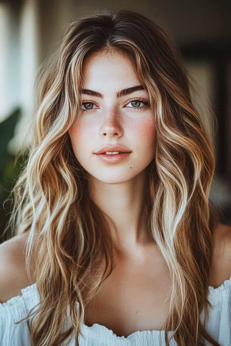 Young woman with wavy blonde and brown hair styled with a center part and tousled beach waves, enhancing her oval face.