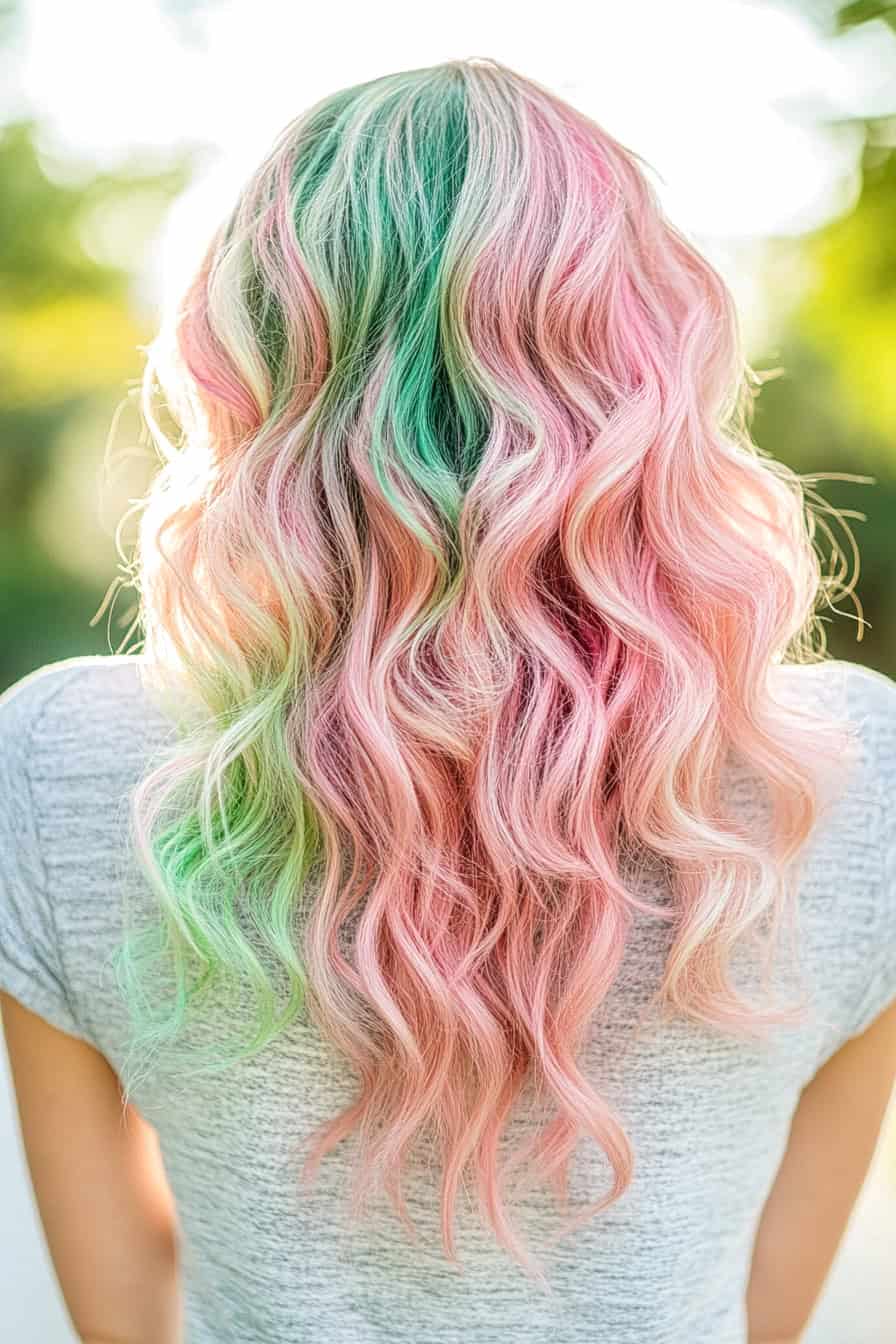 Woman with eco-friendly watermelon hair dyes, featuring soft pastel pink and green hues.