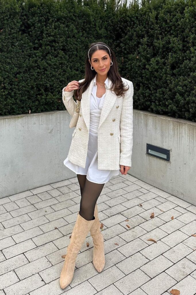 beige-blazer-outfits-6-683x1024-1 Tweed Blazer Over Shirt Dress with Boots