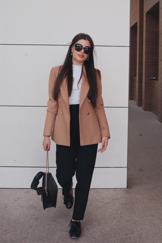 beige-blazer-outfits-8-683x1024-1 Dark Beige Double-Breasted Blazer with Black Trousers