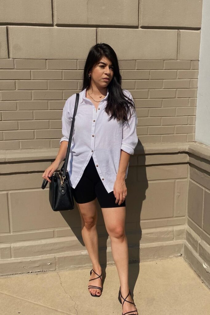 White Button-Up and Strappy Sandals