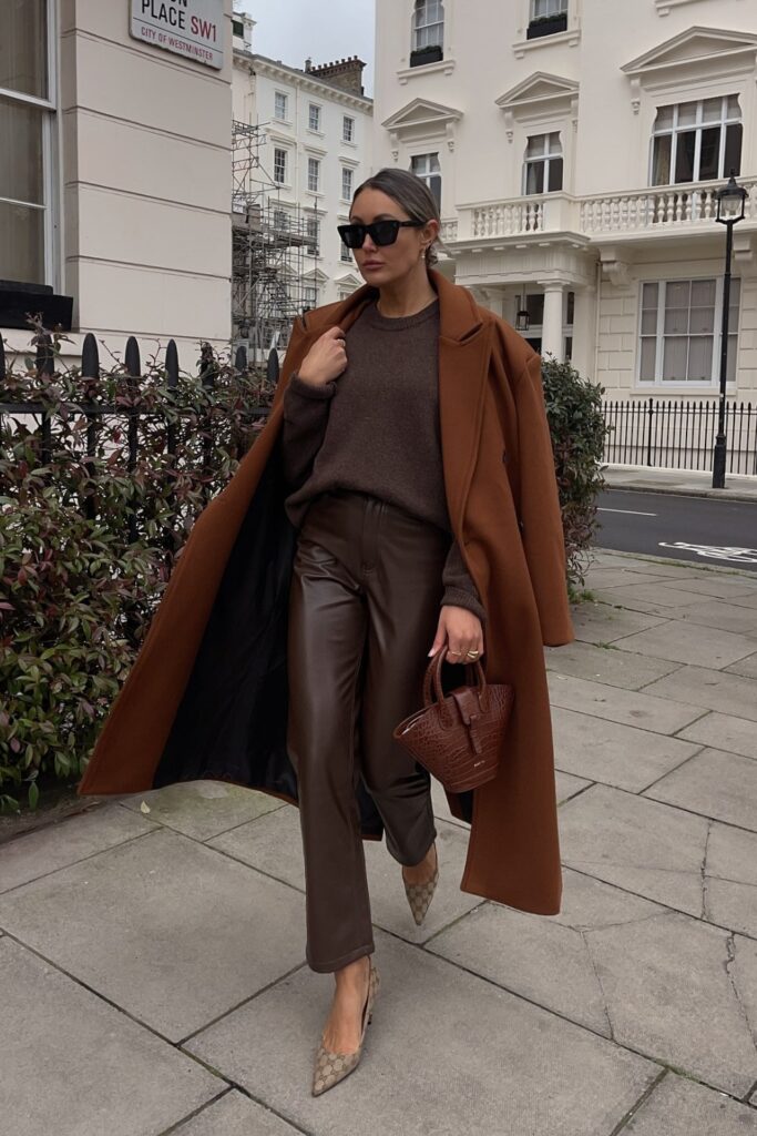 Camel Coat, Brown Sweater and Leather Pants