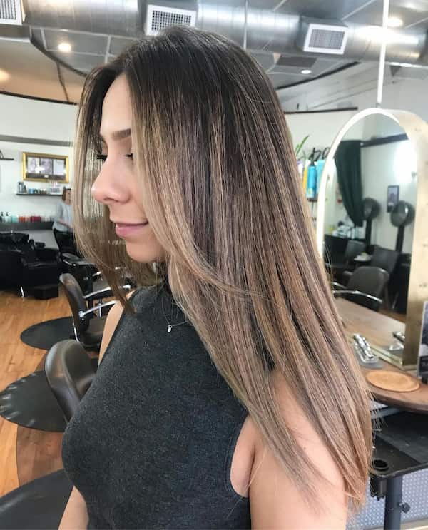 Brunette Layered Mid-Length Balayage Haircut
