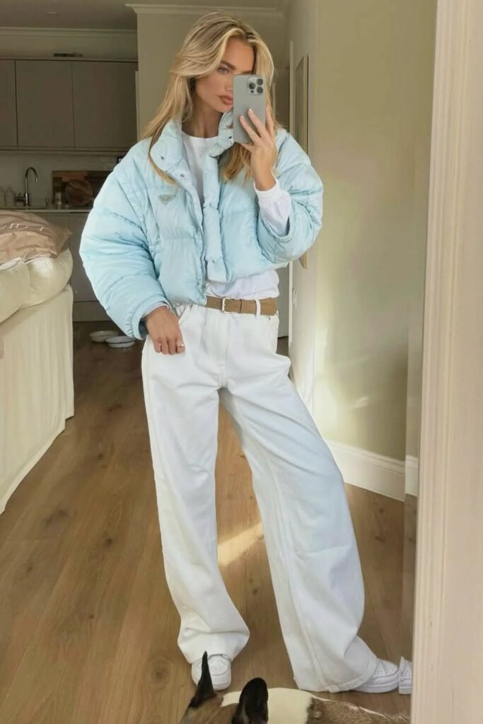 Light Puffer Jacket and White Wide-Leg Pants