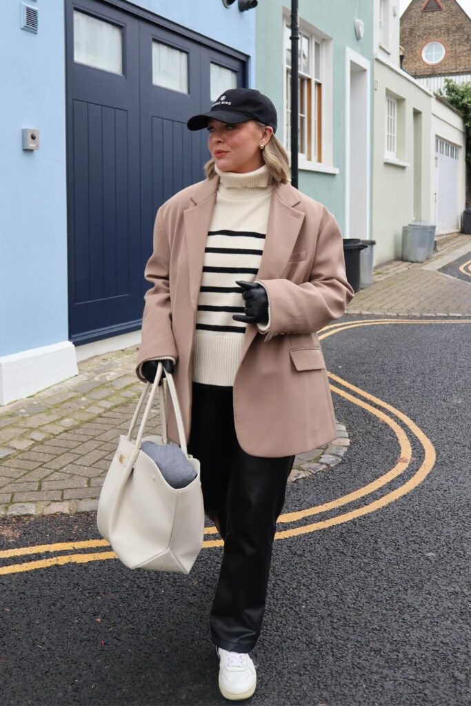 Beige Oversized Blazer and Cream Striped Turtleneck Sweater