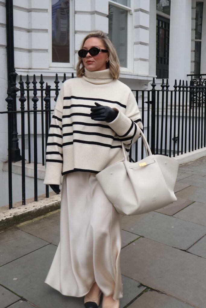 Striped Turtleneck Sweater and Silk Maxi Skirt