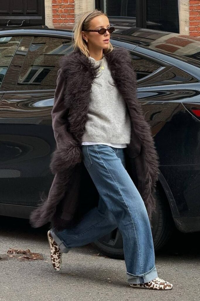 Faux Fur Long Coat and Knit Sweater