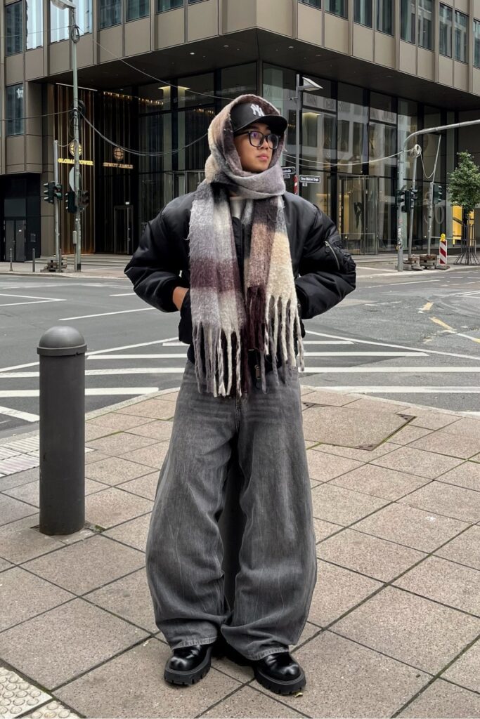 Black Puffer Jacket and Ombre Scarf