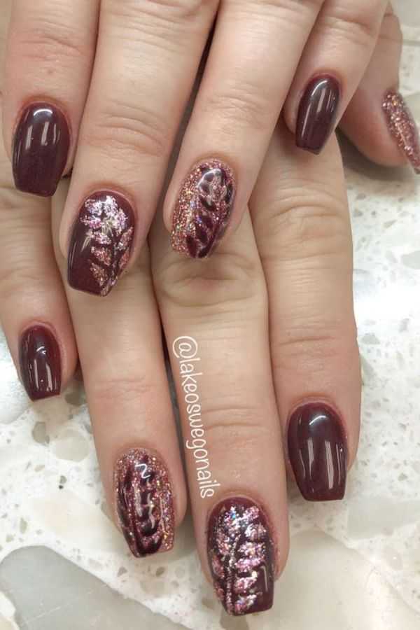Cherry Brown Nails with Feather Details