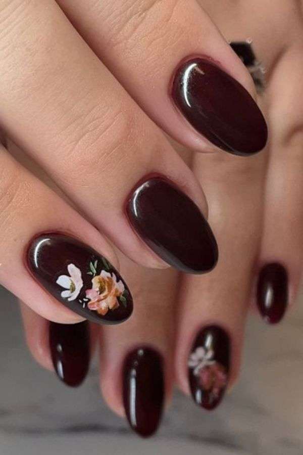 Cherry Brown Nails with Floral Accents