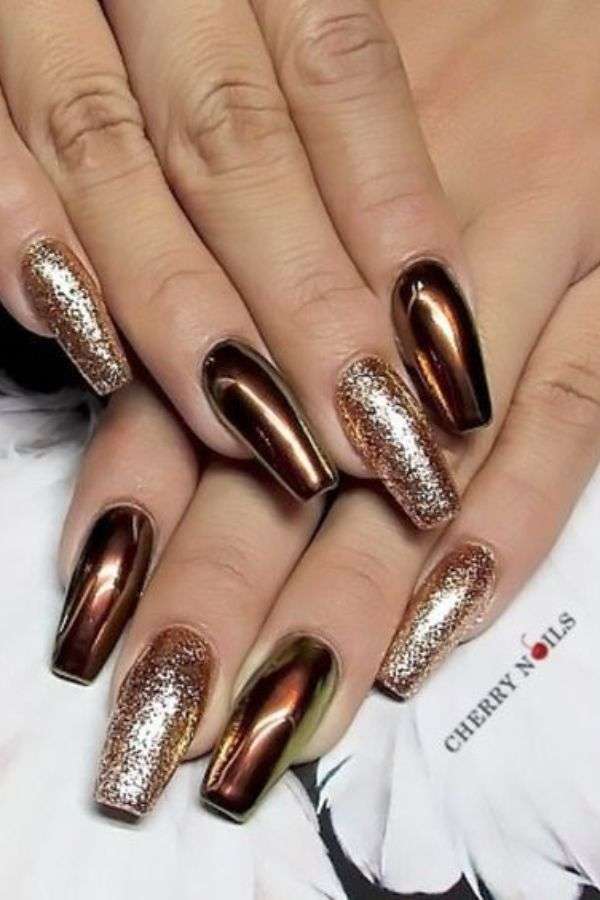 Cherry Brown Nails with Metallic Accents