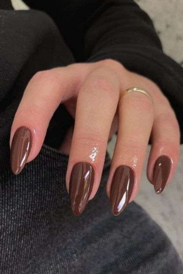 Cherry Brown Nails with Pearl Accents