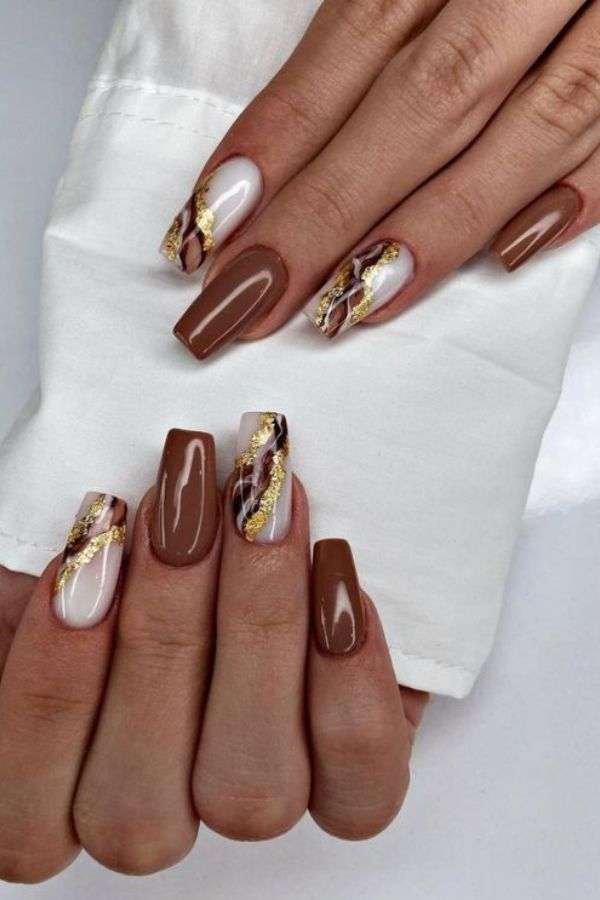 Cherry Brown Nails with Rhinestones
