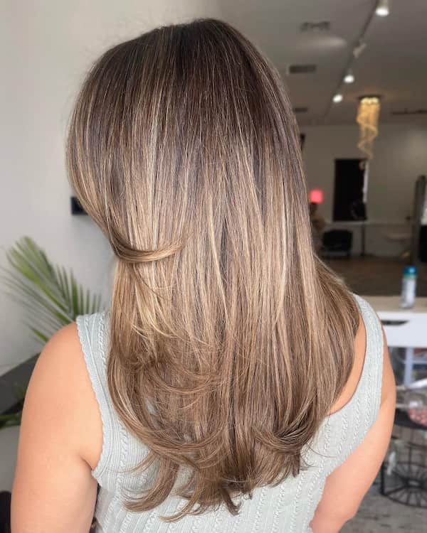 Chic Brown Mid-Length Haircut with Long Curtain Bangs