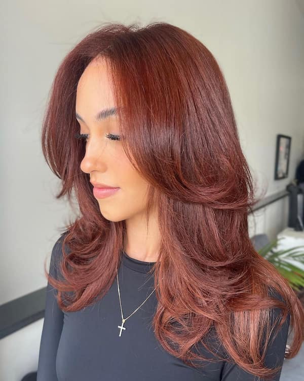 Copper Brown Butterfly Haircut with Long Curtain Bangs