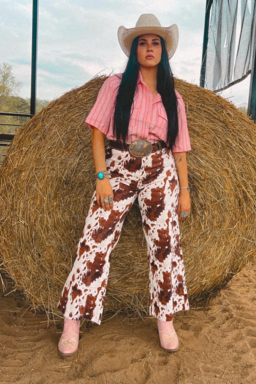 cowgirl-outfits-11-1 Pink Button-Up & Cow Print Pants